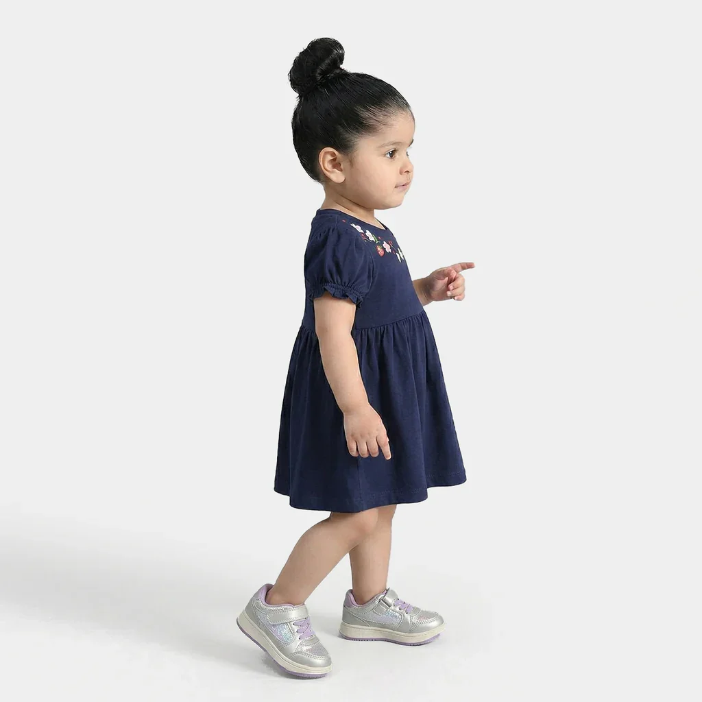 Infant Girls Jersey/Terry Knitted Frock (Flowers & Strawberry) - Navy Blue