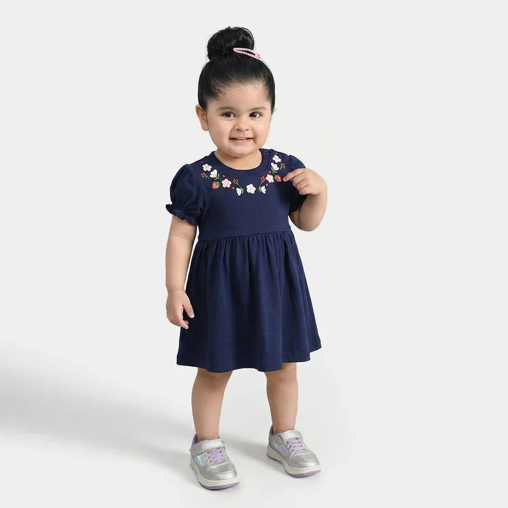 Infant Girls Jersey/Terry Knitted Frock (Flowers & Strawberry) - Navy Blue