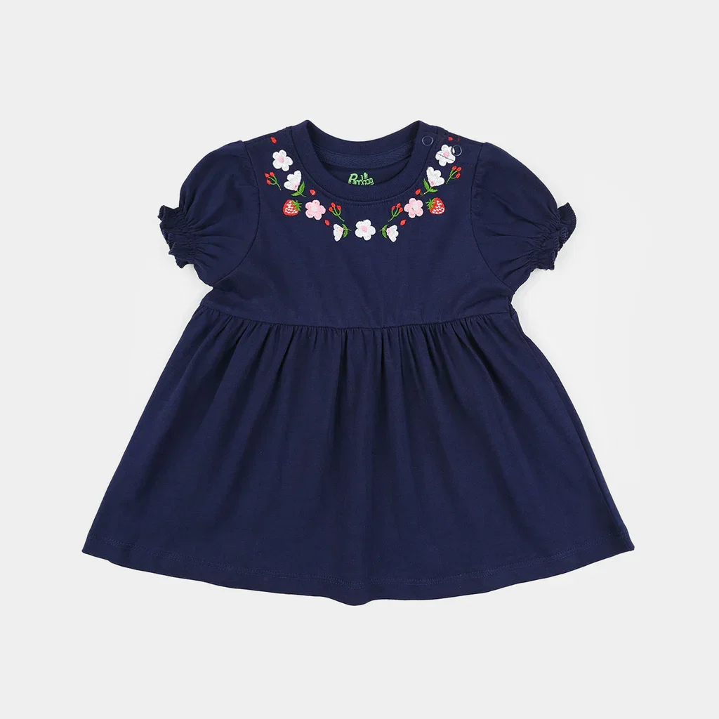 Infant Girls Jersey/Terry Knitted Frock (Flowers & Strawberry) - Navy Blue